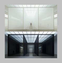 three different views of an empty room with white walls