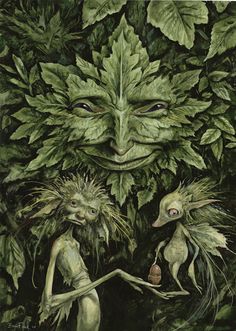 a painting of two people with plants on their heads