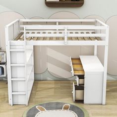 a white bunk bed with desk underneath it and shelves above the bed, along with a rug on the floor