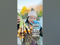 a woman holding up a bunch of vegetables in front of her face with the caption growing turning from mother rizome