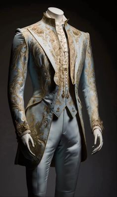 Royal Attire Men, King Suit Royal, Prince Aesthetic Outfit, Royal Wedding Suit, Prince Wedding Suit, Acotar Day Court, Blue And Gold Suit, Prince Outfits Royal, Fantasy Suits Male