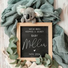 a koala bear sitting next to a chalkboard with the words, we've been keeping a secret baby melon written on it