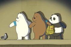 three cartoon bears standing next to each other in front of a wall with a bird on it