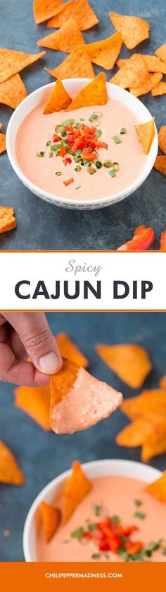 a person dipping tortilla chips into a bowl of cajun dip