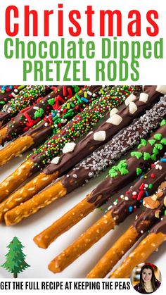 christmas chocolate dipped pretzel rods with the words, get the full recipe at keeping the peas