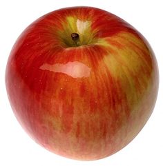 an apple with red and yellow stripes on it's side, sitting in front of a white background