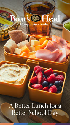 an advertisement for boar's head company showing different foods in small trays on a table