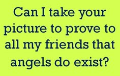 a green background with the words can i take your picture to prove to all my friends that angels do exist?