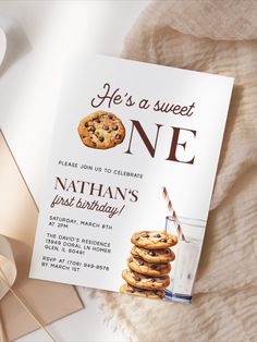 a birthday card with cookies and milk on it next to a glass of milk,