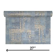 a blue and gold rug with the measurements for it