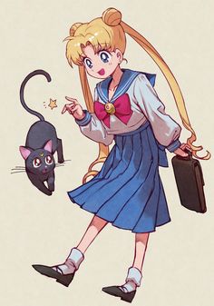 an anime character is holding a black cat and looking at the camera while wearing a blue dress