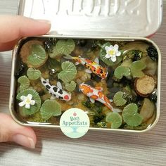 someone is holding a tin with some fish and flowers in it as if they were looking for something to eat