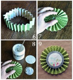 steps to make a paper flower wreath with green and white flowers on the top, bottom, and bottom