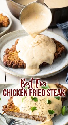 the chicken fried steak is being drizzled with gravy