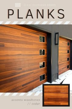 an image of a wooden garage door with the words planks above it and below it