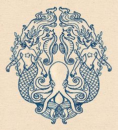 an octopus and other sea creatures are depicted in this blue ink drawing on white paper