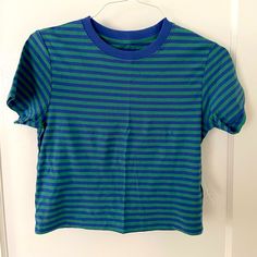 Striped Baby Tee, Boxy Fit, New With Tags Blue Crew Neck Crop Top, Basic Blue Tops For Spring, Blue Cotton Crew Neck Crop Top, Trendy Blue Cotton Top, Blue Urban Outfitters T-shirt For Spring, Blue Crew Neck Crop Top In Trendy Style, Blue Trendy Crop Top From Urban Outfitters, Blue Trendy Crop Top By Urban Outfitters, Trendy Blue Urban Outfitters Crop Top