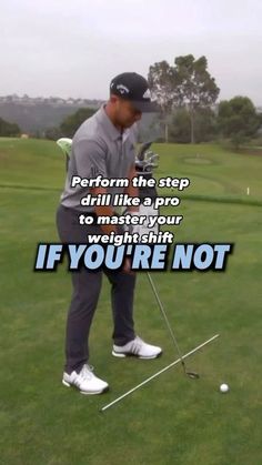 a man in grey shirt and black hat playing golf on green field with text overlay