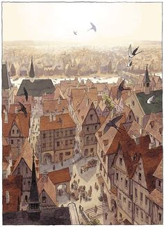 an illustration of a city with birds flying over it's rooftops and buildings