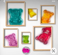 four framed gummy bears in different colors and shapes, each with a bear's head