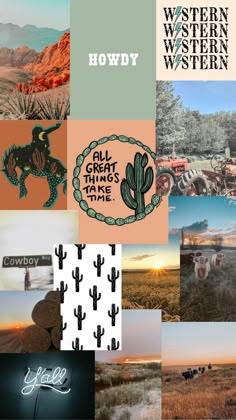 the collage has many different images and words on it, including an image of a cactus