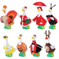 there are many turkeys and birds wearing costumes