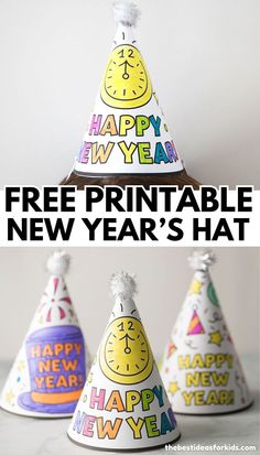 three party hats with the words happy new year written on them and an image of a smiley face