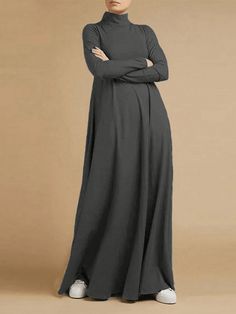 Maxi Dress Winter, Muslim Dress, Modest Clothing, Solid Color Dress, High Neck Long Sleeve, Plus Size Kleidung, Color Dress, Vestido Casual, Dressy Outfits