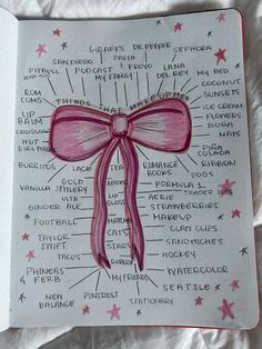 an open notebook with pink ribbon and words on the pages that spell out different types of things