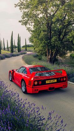 a red sports car parked on the side of a road next to purple flowers and trees