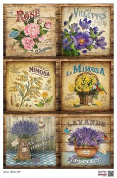 four square pictures with flowers on them in different colors and designs, one is blue, the