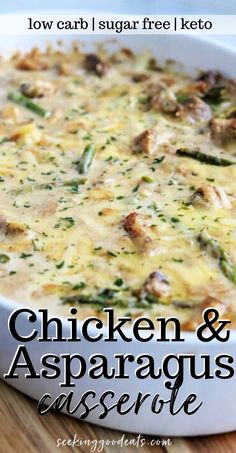 chicken and asparagus casserole with text overlay