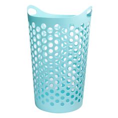 a blue trash can with holes on it