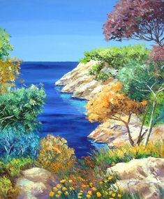 an oil painting of trees and flowers by the water