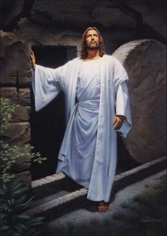 jesus standing in front of a cave with his hands on the door and looking up