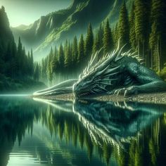 a dragon is sitting on the shore of a lake