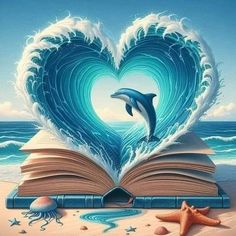 an open book in the shape of a heart with a dolphin jumping out of it