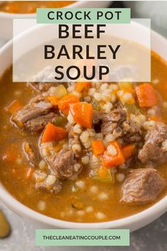 instant pot beef barley soup in a white bowl