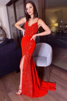 Bellasprom Beadings Mermaid Evening Dress Long Off-the-Shoulder Red Mermaid, Sequin Appliques