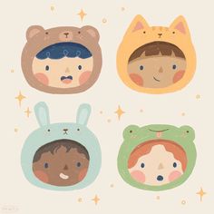 four children's animal hats are shown in three different colors and sizes, with stars on the background