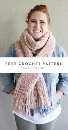 a woman wearing a pink scarf and denim jacket with the words free crochet pattern