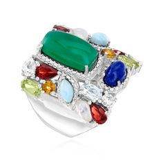 Ross-Simons - 7.08 ct. t. w. Multi-Gemstone Ring in Sterling Silver. Size 5. An RS exclusive. This eye-catching ring shows off an eclectic gemstone mix worth fawning over! Featuring multi-cuts of 7.08 ct. tot gem wt. green chalcedony, lapis, moonstone, Larimar, sky blue topaz, garnet, peridot, citrine and white topaz. Set in polished sterling silver. 7/8" wide. Multi-gemstone ring. Multi Gem Ring, Multi Gemstone Ring, Green Chalcedony, Sky Blue Topaz, Argentium Silver, Multi Stone, White Topaz, Cluster Ring, Real Diamonds