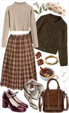 Vintage academia outfit, Plaid skirt, Textured cardigan, Nostalgic fashion, Classic academia style, Cozy chic, Intellectual look, Timeless fashion, Academic wardrobe, Retro-inspired style, Scholarly attire Styling Plaid Skirt, Penelope Wilhern, Plaid Cardigan Outfit, Vintage Academia Aesthetic, Cottagecore Winter Outfits, Feminine Modesty, Aesthetic Plaid, Vintage Academia, Cute Teacher Outfits