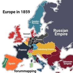 the european empire is shown in color and labeled with different countries, including france, germany,