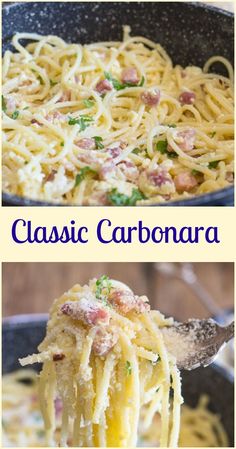 two pictures with different types of pasta in them and the words classic carbonara on top