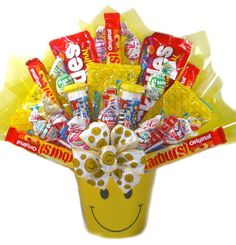 Sweets and Smiles Candy Bouquet Candy Bouquet For Kids, Popcorn Gift Basket, Birthday Candy Bouquet, Snack Gift Baskets, Candy Arrangements, Smile Gift, Candy Gift Baskets, Popcorn Gift, Chocolate Gifts Basket