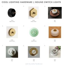 different types of light switches and knobs on a white background with text that reads cool lighting hardware round switch lights