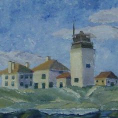 an oil painting of a lighthouse in the ocean