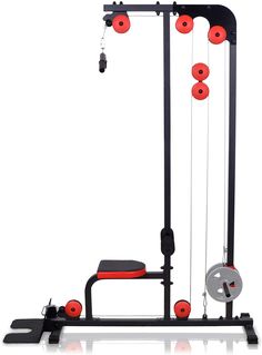 the home gym machine is shown with red wheels and black handles, on a white background