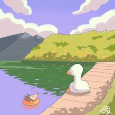 a duck floating on top of a body of water next to a wooden dock with a cat swimming in it